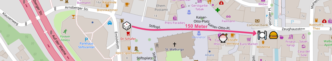 Der FuĂweg vom CafĂ© Pan zu Moderna Grill Pizzeria