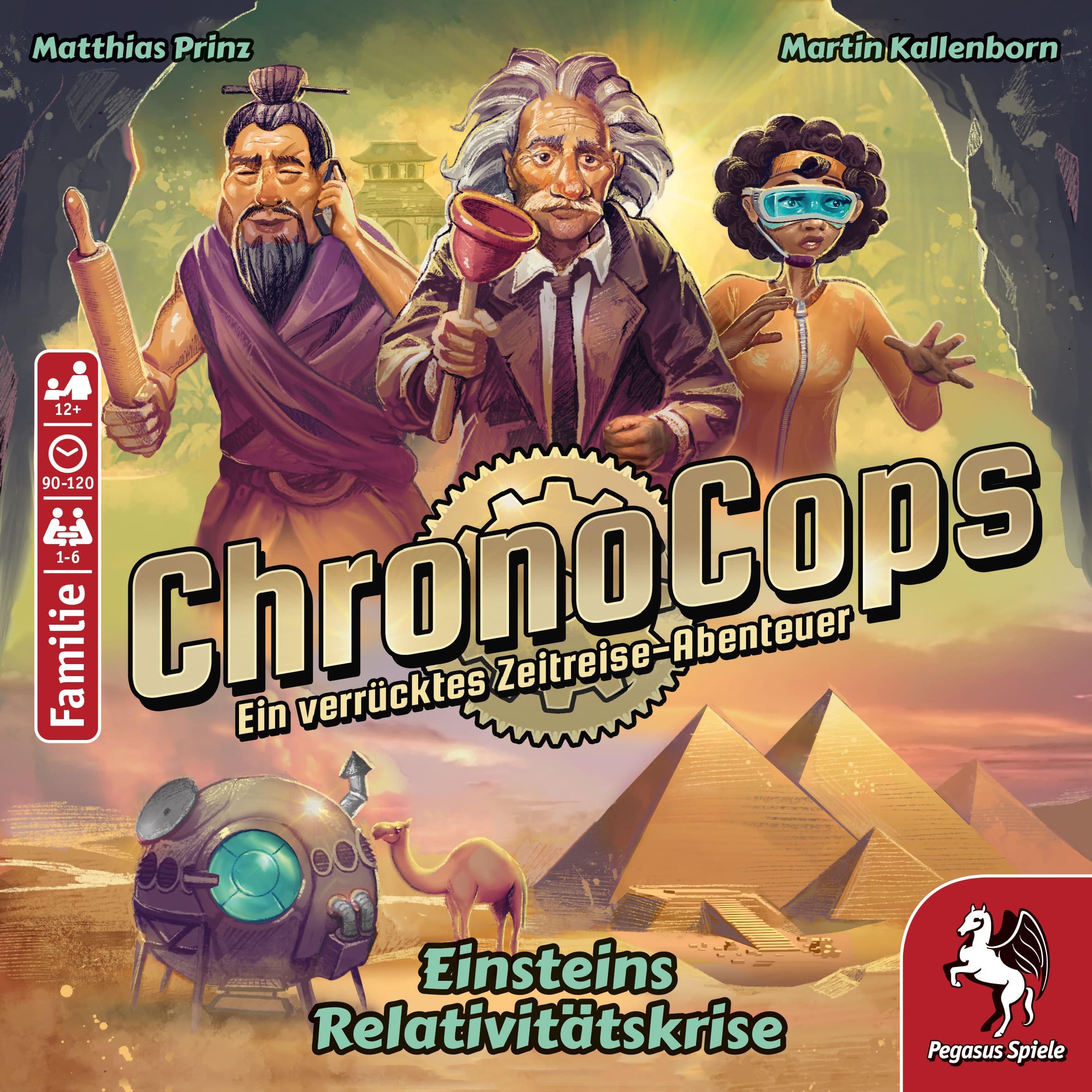 cover-chronocops-einsteins-relativitaetskrise-pegasus Coverbild des Spiels 'Kissenschlacht um Mitternacht' von Pegasus-Spiele. Zu sehen eine Illustration zweier Kissen mit Gesicht, ein paar Sterne, der Titel, die Logos der Firmen 'Pegasus Spiele' und 'Kids Fun' und einige Angaben zum Spiel.