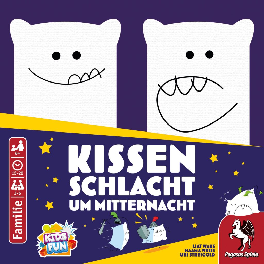 Coverbild des Spiels 'Kissenschlacht um Mitternacht' von Pegasus-Spiele. Zu sehen eine Illustration zweier Kissen mit Gesicht, ein paar Sterne, der Titel, die Logos der Firmen 'Pegasus Spiele' und 'Kids Fun' und einige Angaben zum Spiel.