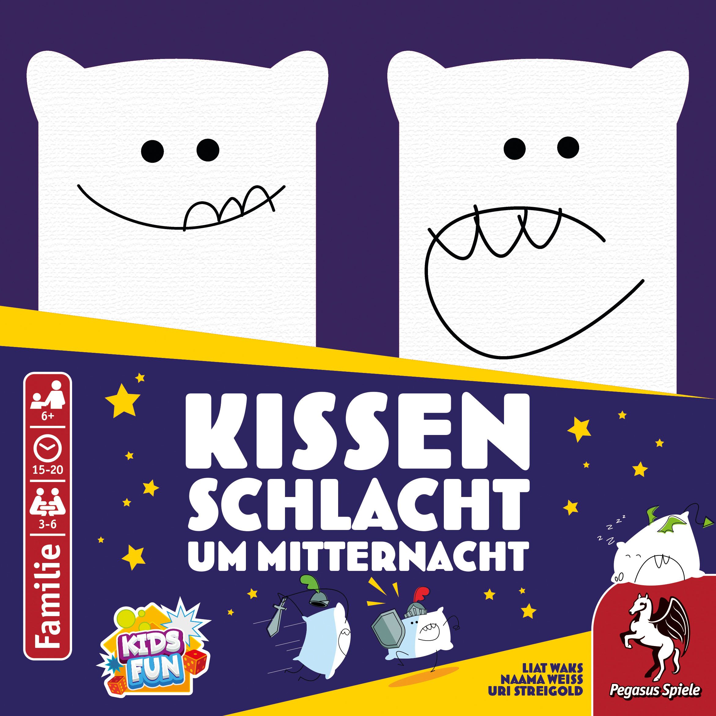 Kissenschlacht um Mitternacht Coverbild des Spiels 'Kissenschlacht um Mitternacht' von Pegasus-Spiele. Zu sehen eine Illustration zweier Kissen mit Gesicht, ein paar Sterne, der Titel, die Logos der Firmen 'Pegasus Spiele' und 'Kids Fun' und einige Angaben zum Spiel.