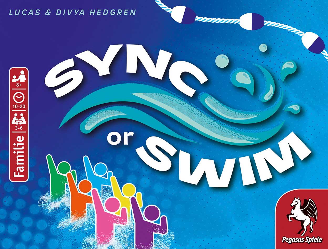 cover-sync-or-swim-pegasus Coverbild des Spiels 'Kissenschlacht um Mitternacht' von Pegasus-Spiele. Zu sehen eine Illustration zweier Kissen mit Gesicht, ein paar Sterne, der Titel, die Logos der Firmen 'Pegasus Spiele' und 'Kids Fun' und einige Angaben zum Spiel.
