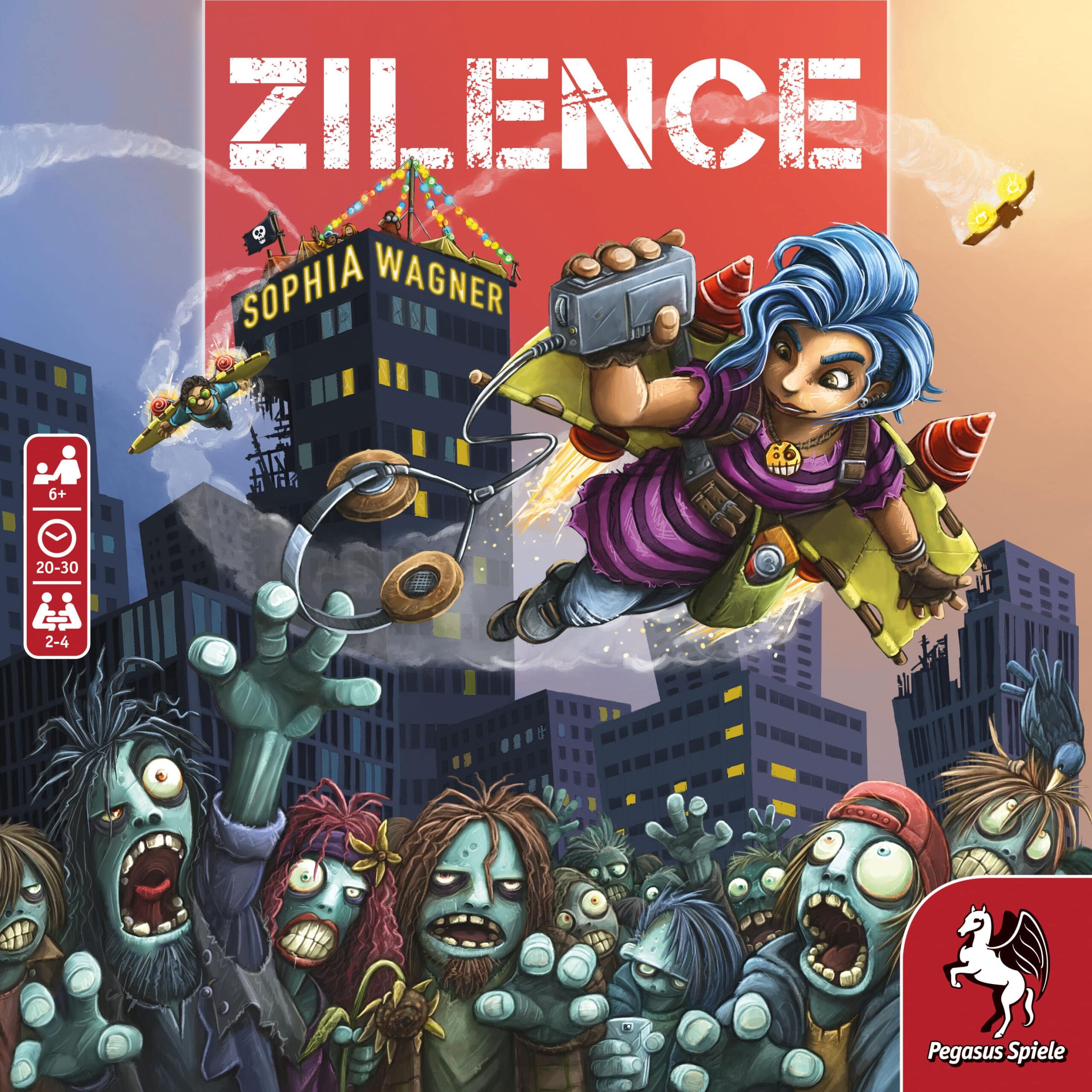 cover-zilence-pegasus Coverbild des Spiels 'Kissenschlacht um Mitternacht' von Pegasus-Spiele. Zu sehen eine Illustration zweier Kissen mit Gesicht, ein paar Sterne, der Titel, die Logos der Firmen 'Pegasus Spiele' und 'Kids Fun' und einige Angaben zum Spiel.