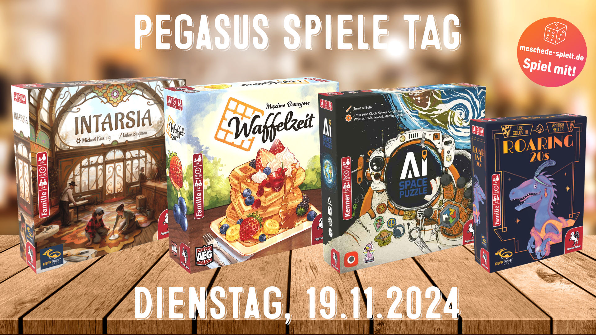 Vier Spieleboxen auf einem Tisch stehend. Intarsia, Waffelzeit, AI Space Puzzle und Roaring Twenties.